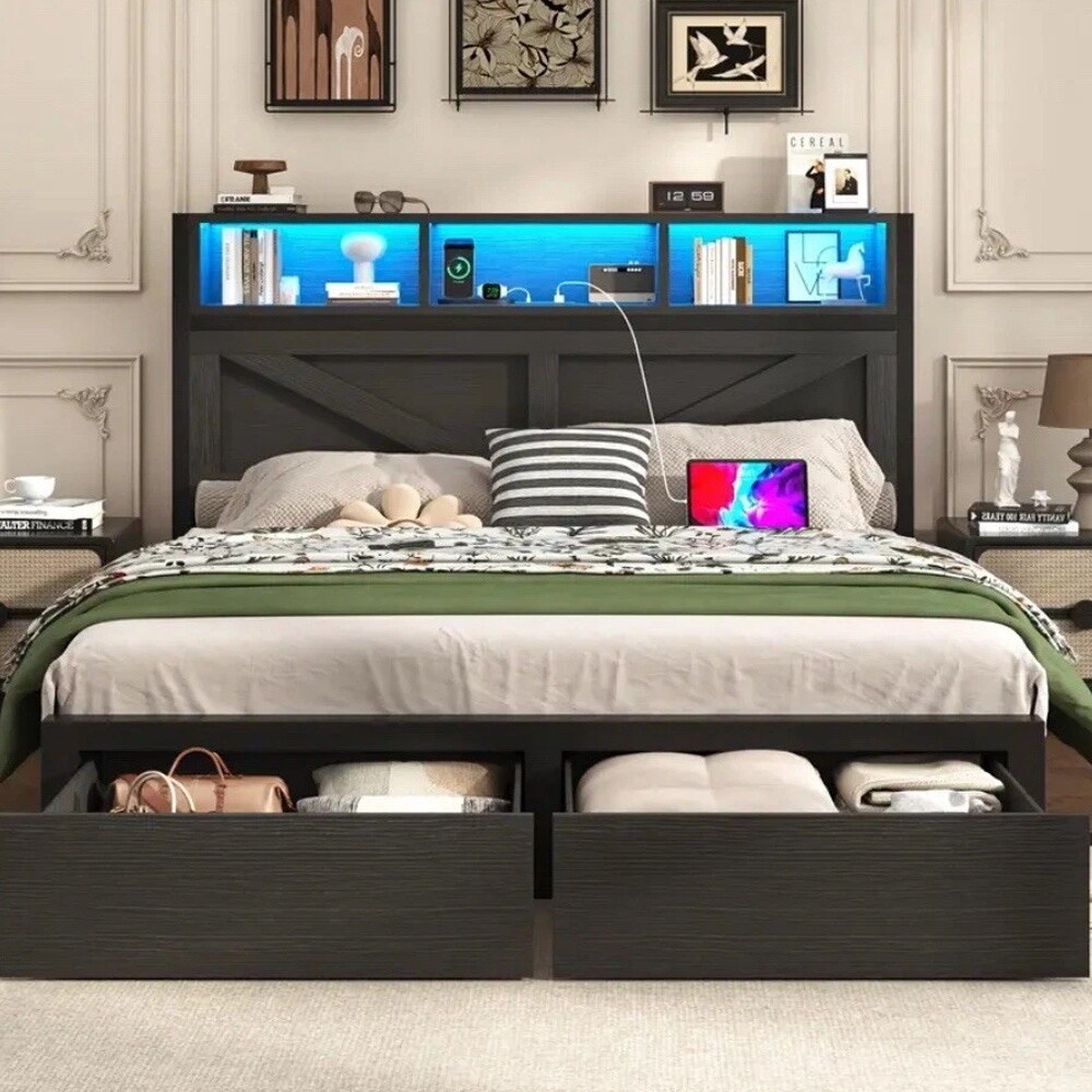 Queen Bed Frame with Storage Headboard, 2 Drawers Gray - Bed Bath