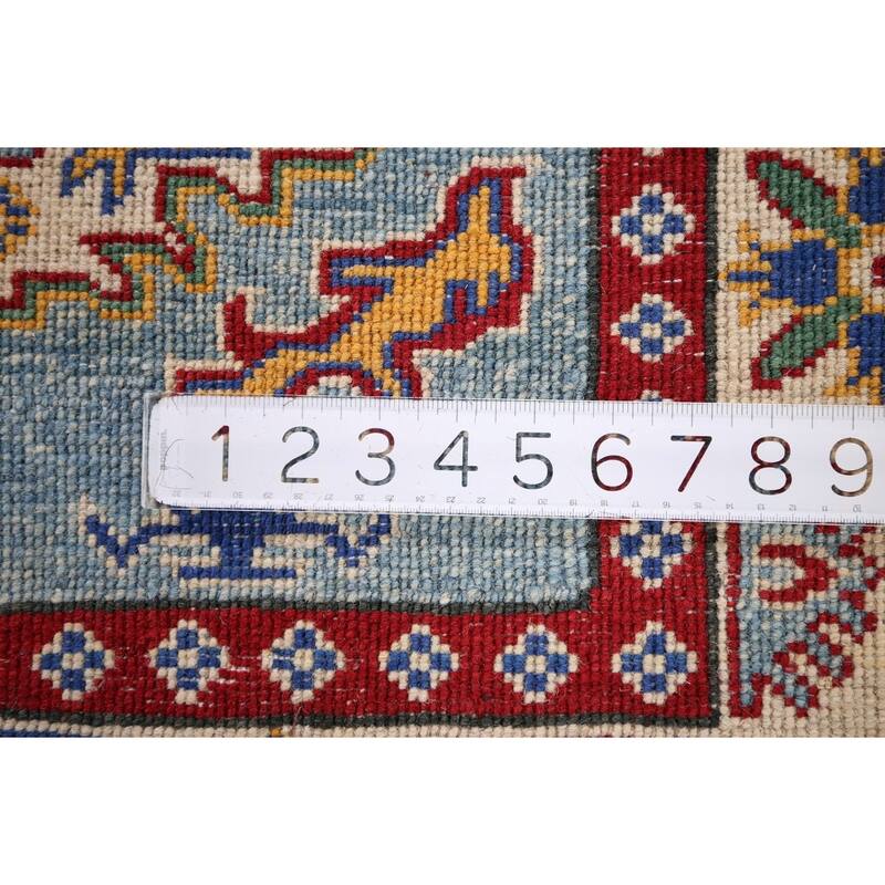 Geometric Kazak Foyer Rug Hand-Knotted Blue Wool Carpet - 3'4" x 4'9"