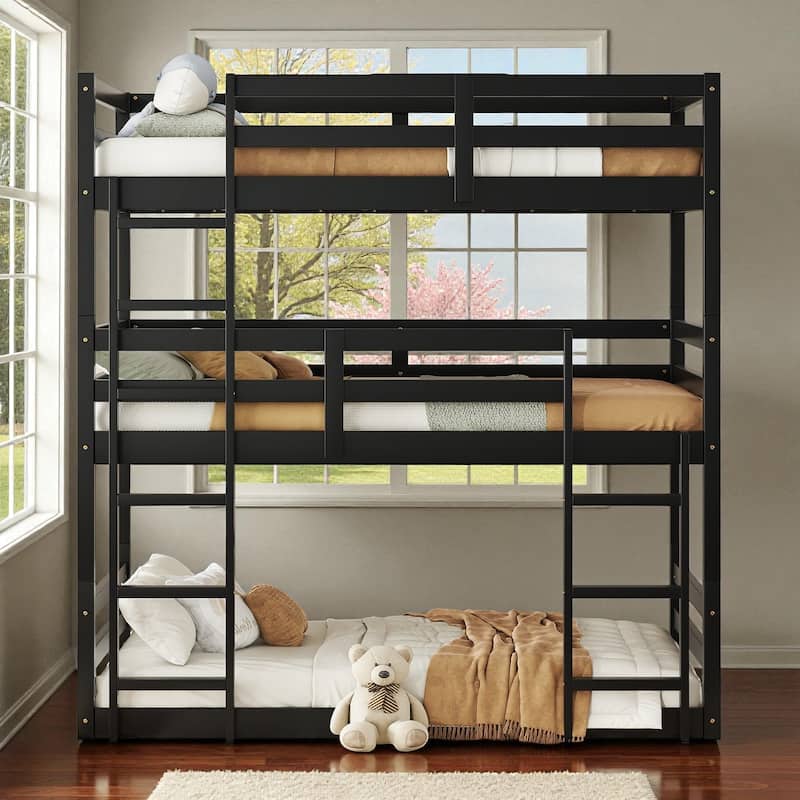 Twin Over Twin Over Twin Rubber Wood Triple Bunk Bed with Guardrails and Two Built-in Ladders, Detachable 3-Tier Bed Frame - Black - Twin