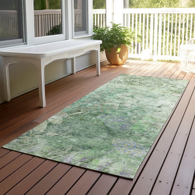 Machine Washable Indoor/ Outdoor Modern Floral Chantille Rug - Teal - 2'3" x 7'6"