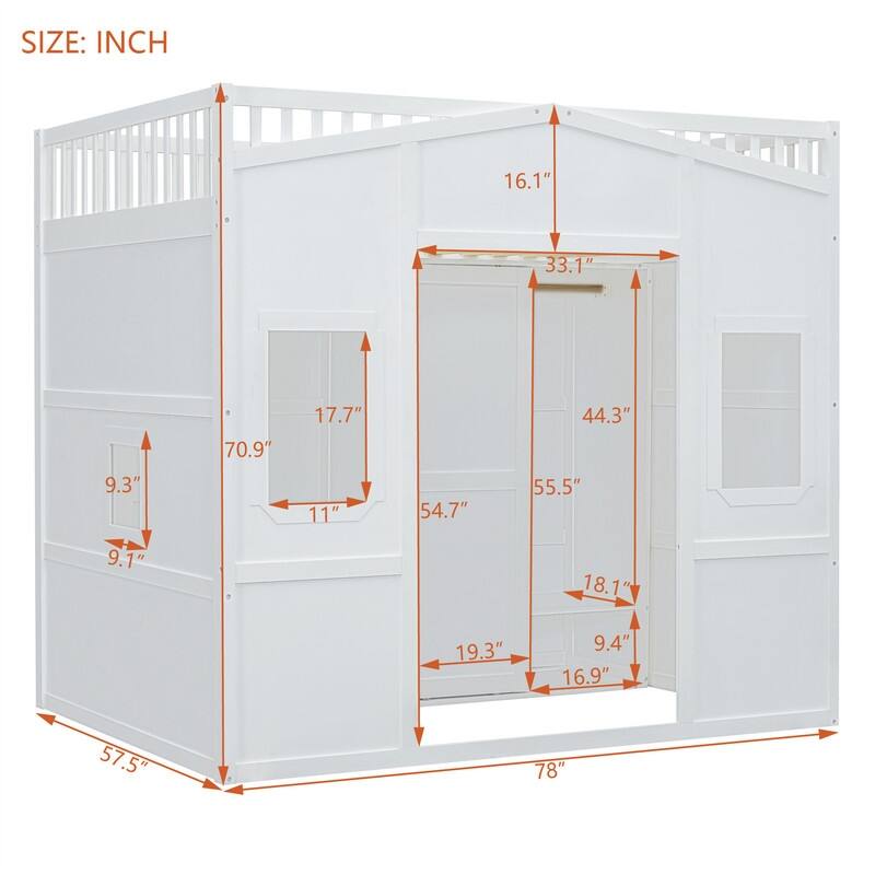 Solid Wood Loft Bed w/ Bulit-in Wardrobe, Hanging Rod & Storage Shelves, Twin/Full Size Playhouse Design Loft Bedframe w/ Window