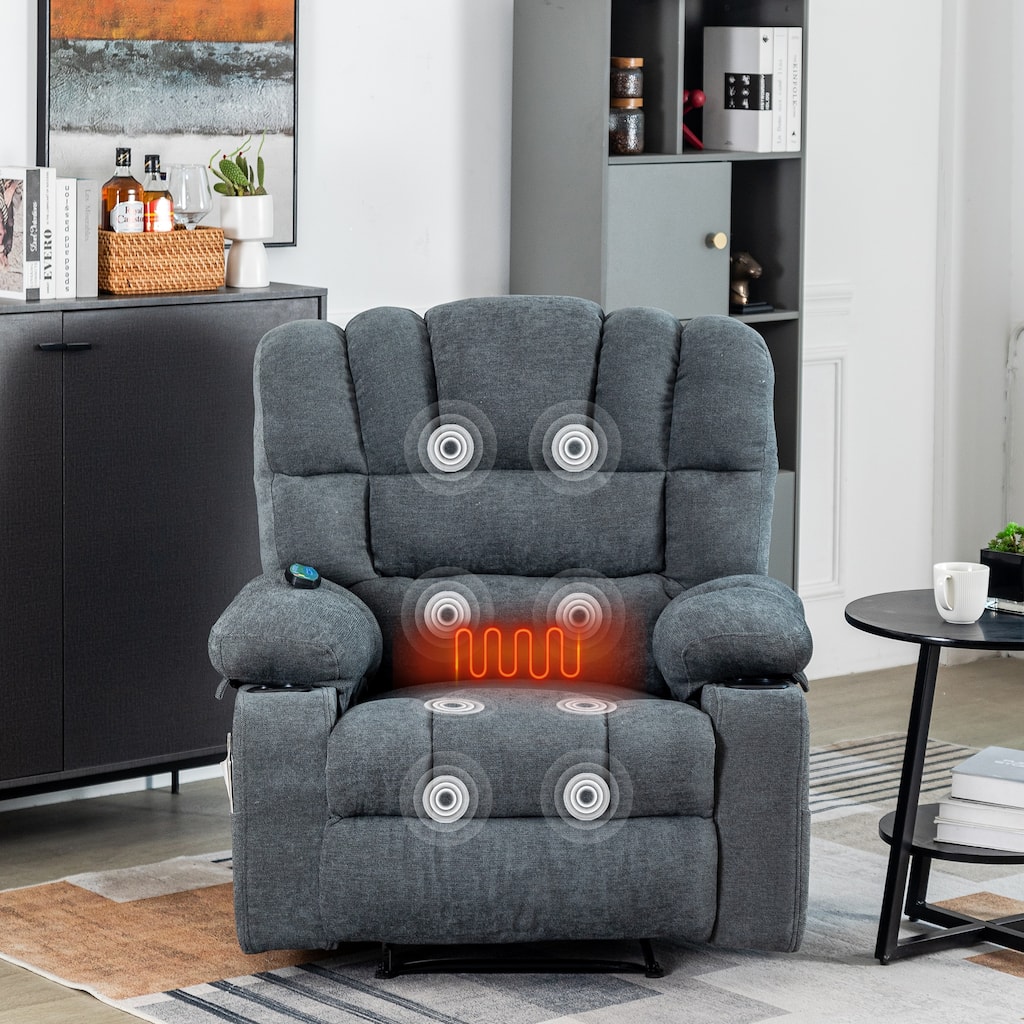 Massage Recliner Chair, Breathable Fabric Ergonomic Single Sofa Chair with Heat and Vibration and Cup Holders & Side Pockets