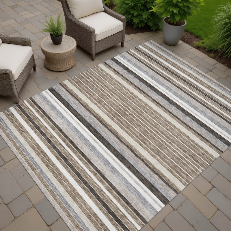 Machine Washable Indoor/ Outdoor Modern Stripes Chantille Rug - Taupe - 5' x 7'6"