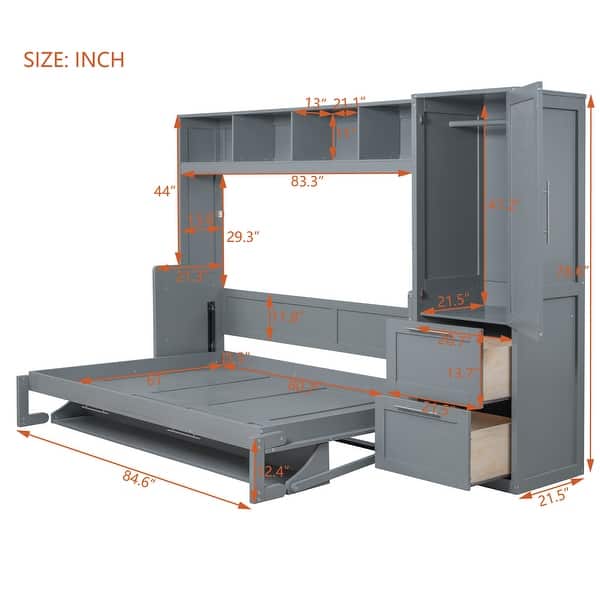 dimension image slide 3 of 6, Full and Queen Murphy Beds Wall Beds with Wardrobes and Drawers