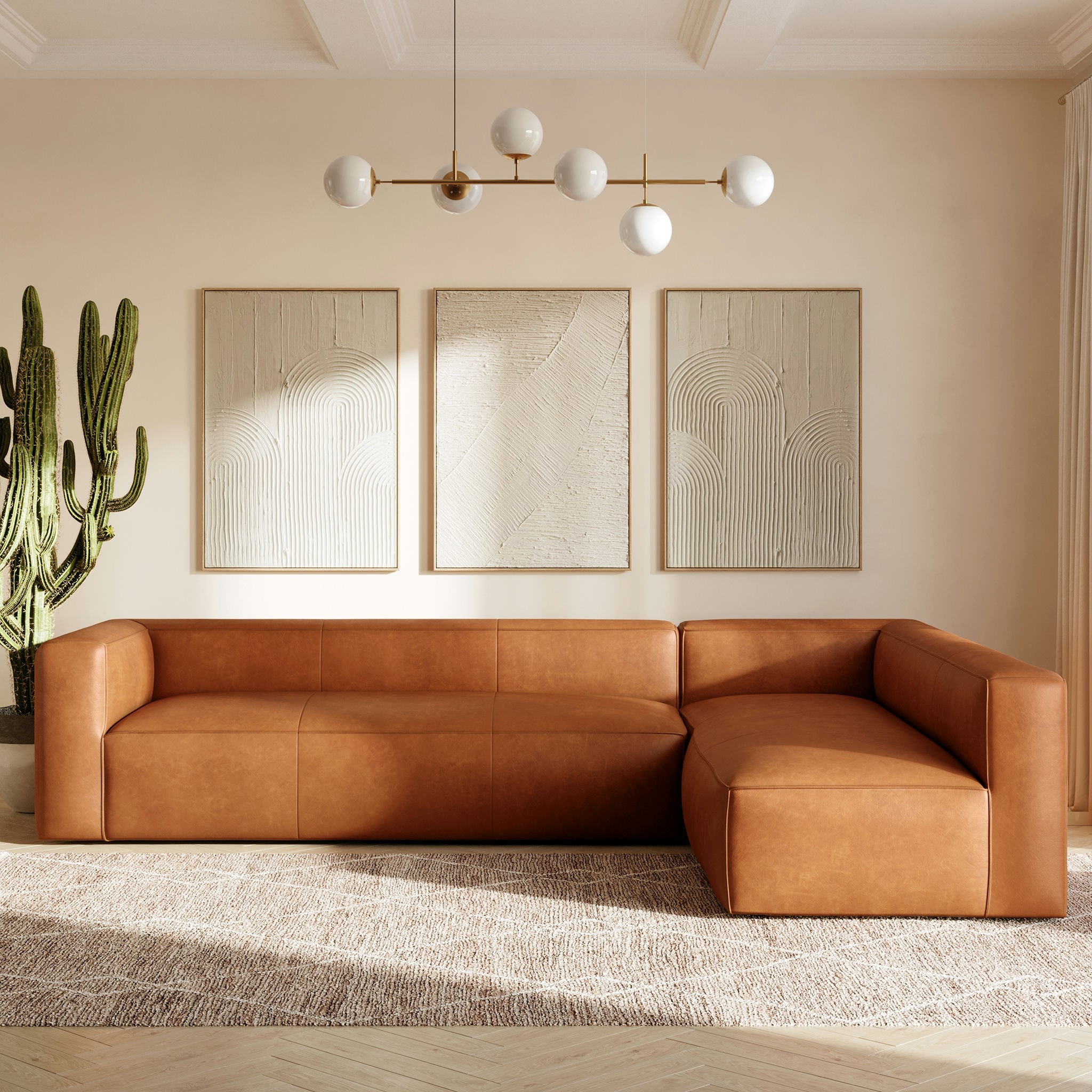 Poly & Bark Piazza Corner Sectional Genuine Italian Leather Sofa in Saddle Tan