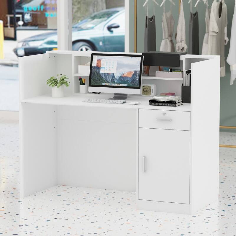 Timehchee 55.1"W 43.3"H Rectangular Wood Reception Desk White