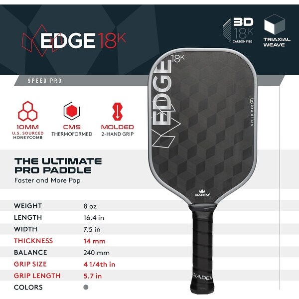 Diadem Edge 18 K Speed Pro Pickleball Paddle, Silver - On