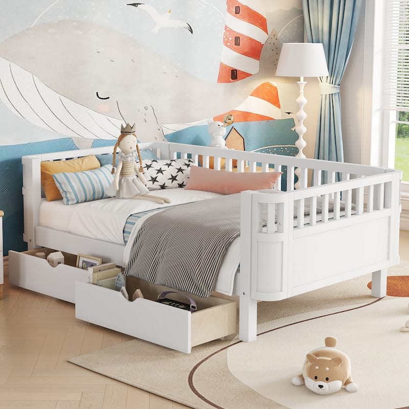 GDF Studio - Willow Twin Wood Platform Bed with Storage Drawers and Rails - White