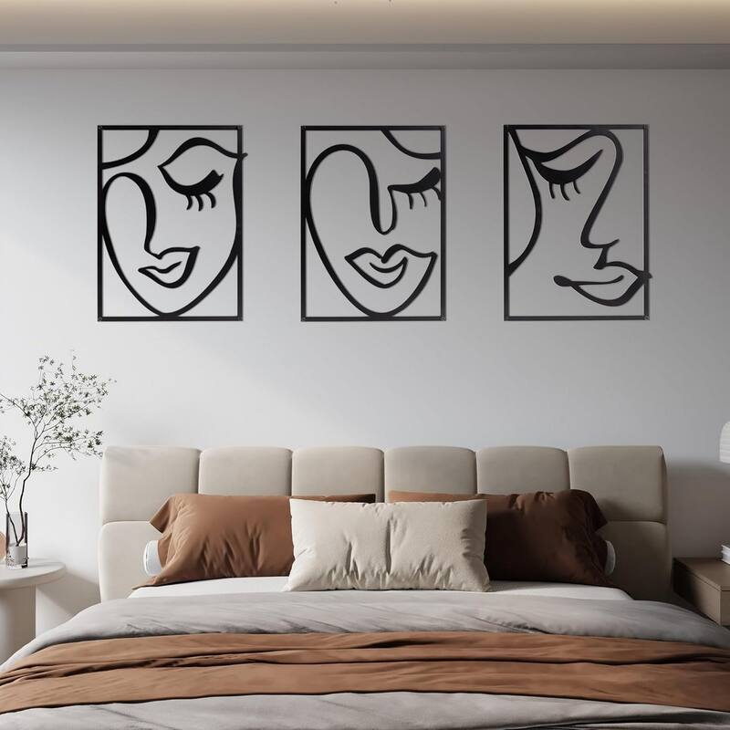 Cinq 3 Piece Set Wall Decor, Face Line Drawing Abstract Design, Black Rectangular Metal Frame