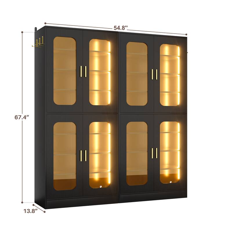 8-Tier Shoe Cabinet with LED Light, 32 Pairs Tall Shoe Storage Organizer with Side Hooks