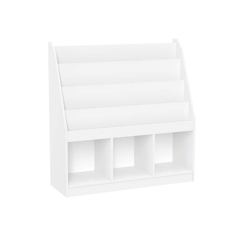 RiverRidge Kids Playroom Bookrack with 3 Toy Organizer Cubbies and 4 Book Shelves - White with Optional Bins