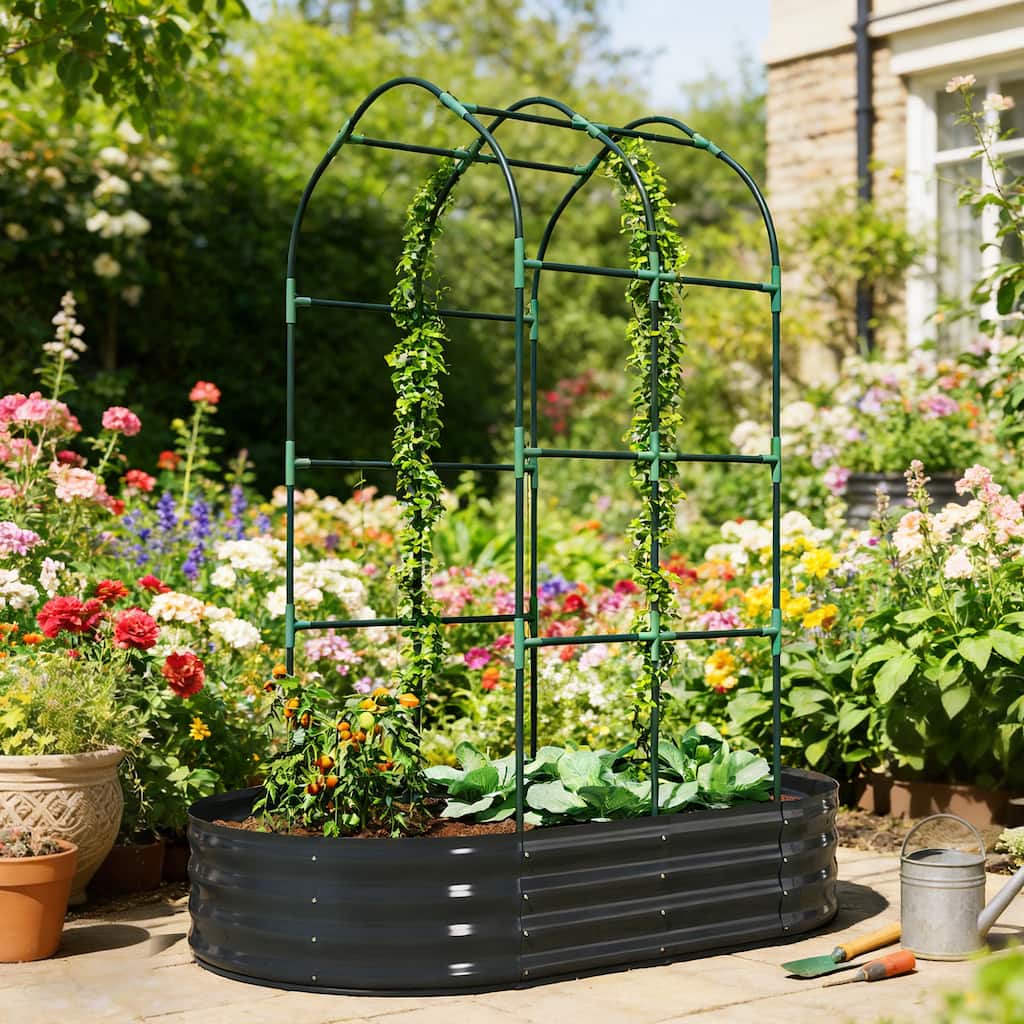 Outsunny Galvanised Raised Garden Bed with Arched Trellis, 5 x 3 x 6ft Metal Outdoor Planter Box ,Dark Gray