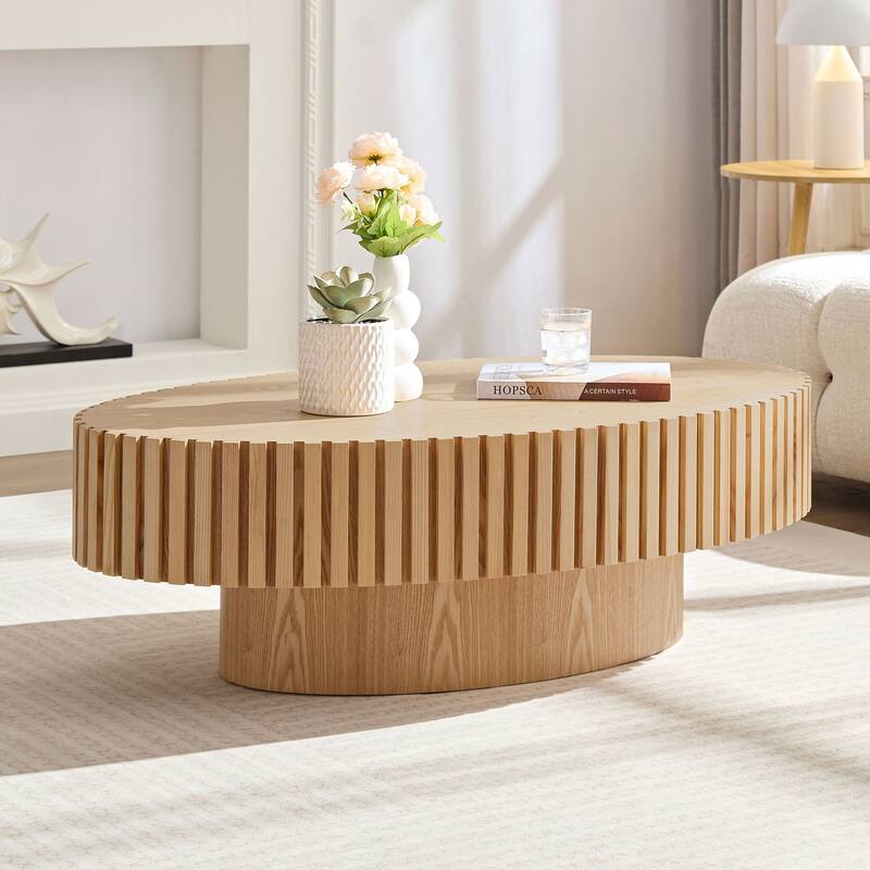 Modern Handcraft Drum Coffee Table Ellipse Coffee Table for Living Room,Oval Small Coffee Table with Sturdy Pedestal - Natural