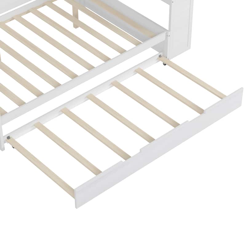 Wooden Daybed Platform Bed with Recessed Desk Storage Shelves and Twin Size Trundle Bed Under Bed for Compact Spaces, Bedroom