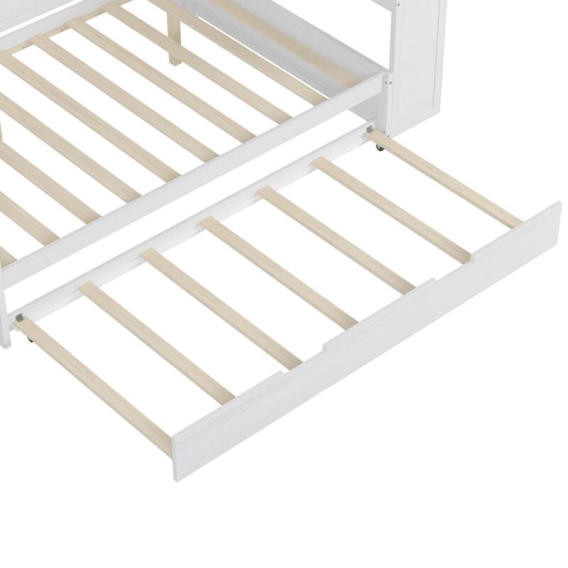 Wooden Twin/Full Size Daybed with Trundle Bed, Multi-functional Corner Platform Sofa Bed Frame with Storage Headboard and Desk