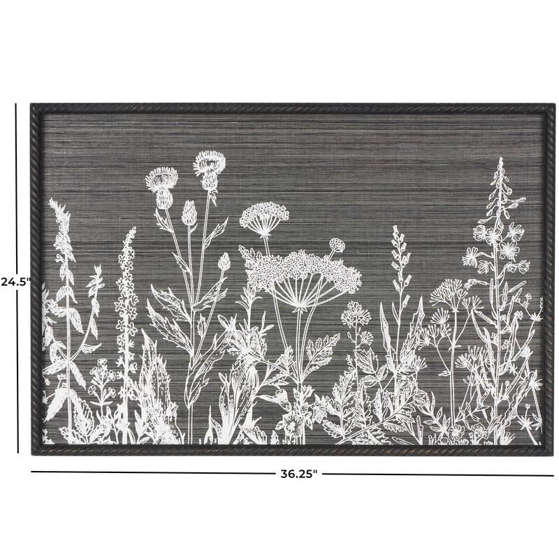 Black Wood Relief Floral Home Wall Decor with Gray Textured Backing and Black Twisted Frame