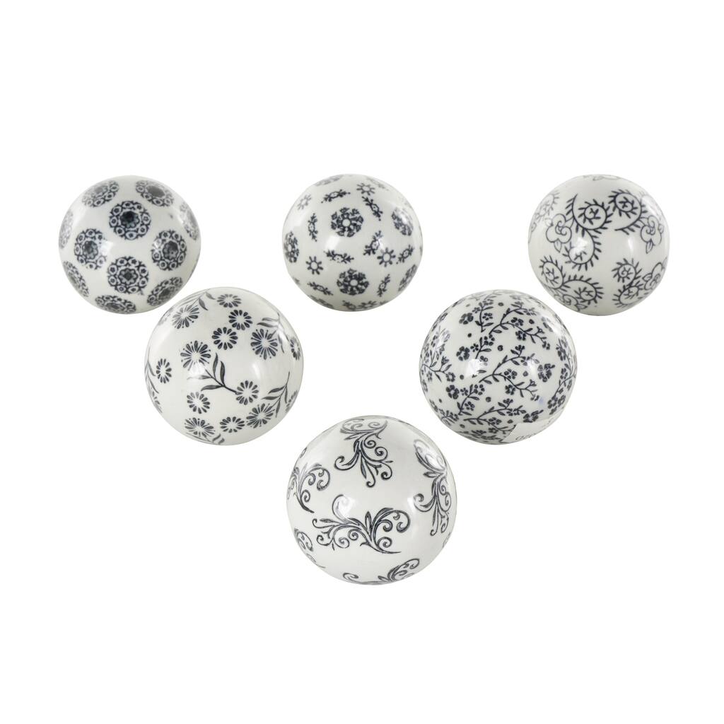 Ceramic Floral Glossy Orbs & Vase Filler with Varying Floral and Scroll Patterns - Set of 6 Black - Roche River Decor
