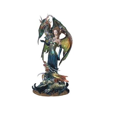 Q-Max 9.5"H Green Fairy with Clear Wings and Two Dragons Statue Fantasy Decoration Figurine