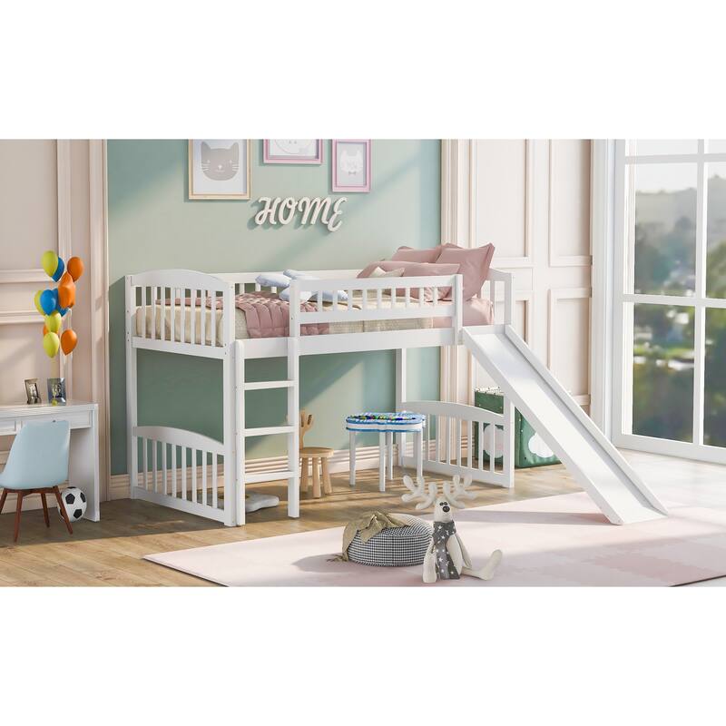 White Twin Loft Bed with Slide and Ladder, Space-Saving Design