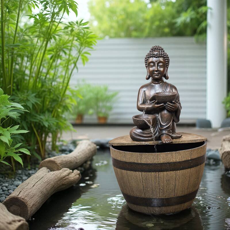Outdoor Polyresin Buddha Fountain – Meditating Statue with Pumped Waterfall, Weather Resistant Yard Decor