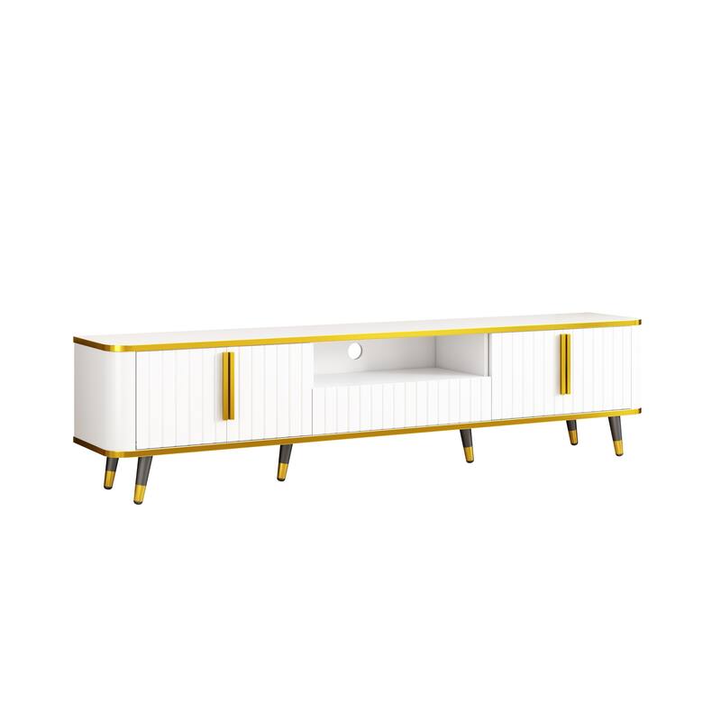 Elegant 79-Inch TV Stand with Ample Storage, Golden Elements, and Sleek Design - Ideal for Large Living Spaces.
