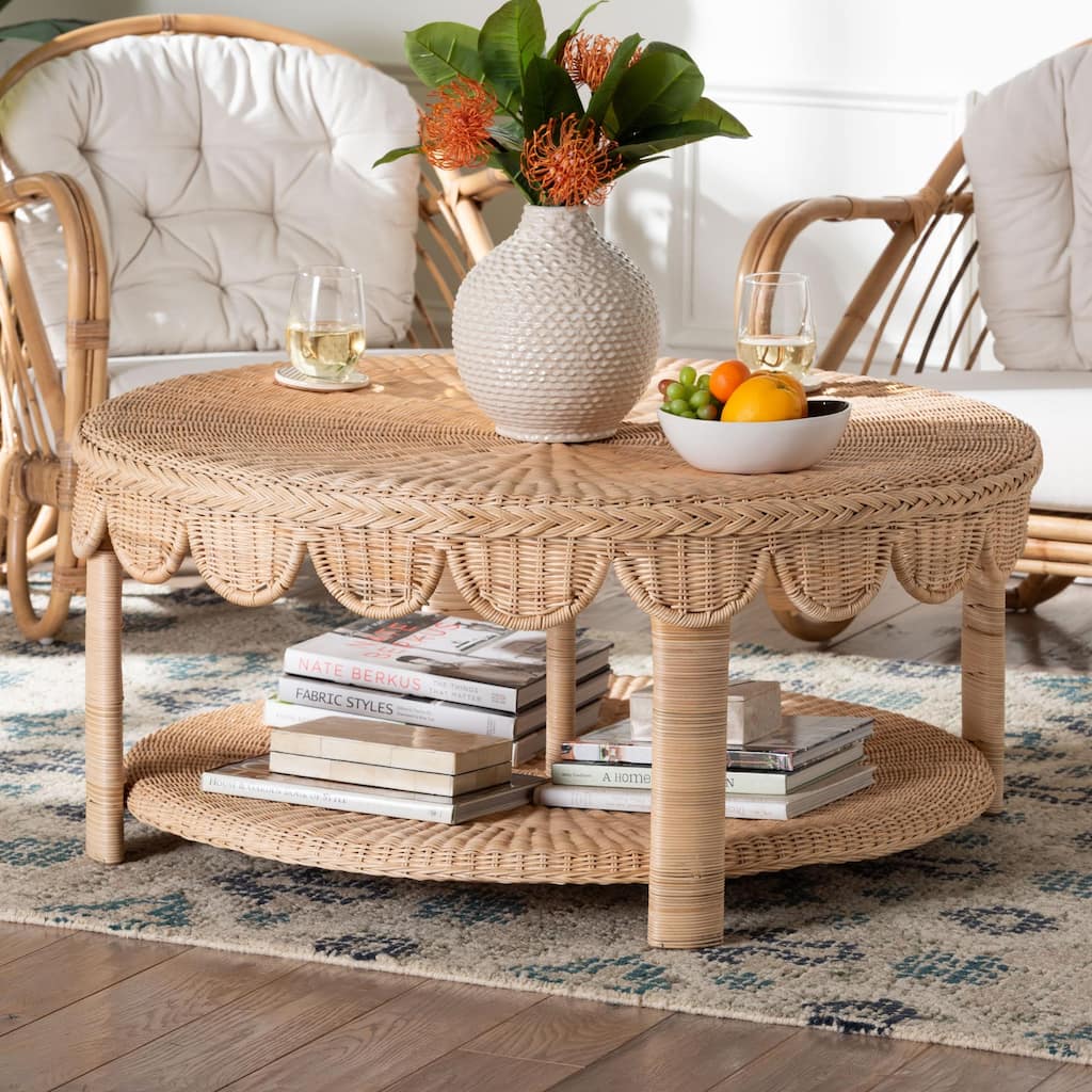 Latoya Natural Rattan Coffee Table - Handwoven Round Wicker Table with Scalloped Apron and Lower Shelf, Coastal Boho Style