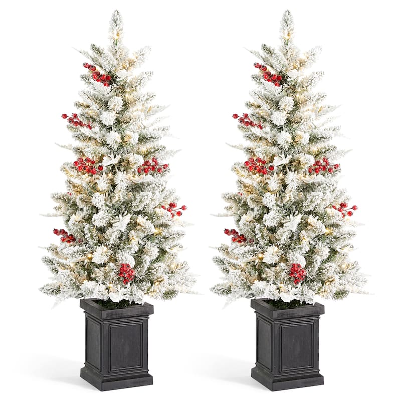 Glitzhome 4ft Pre-Lit Flocked Artificial Christmas Porch Tree with and Red Berries and 60 Warm White/Multi-color Lights