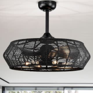 Akasha 28 Inch Rattan Rope 6 Light Fandelier with Remote (Matte Black Color)