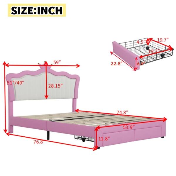 dimension image slide 0 of 2, Twin/Full Size Upholstered Platform Bed with LED Lights and Drawer