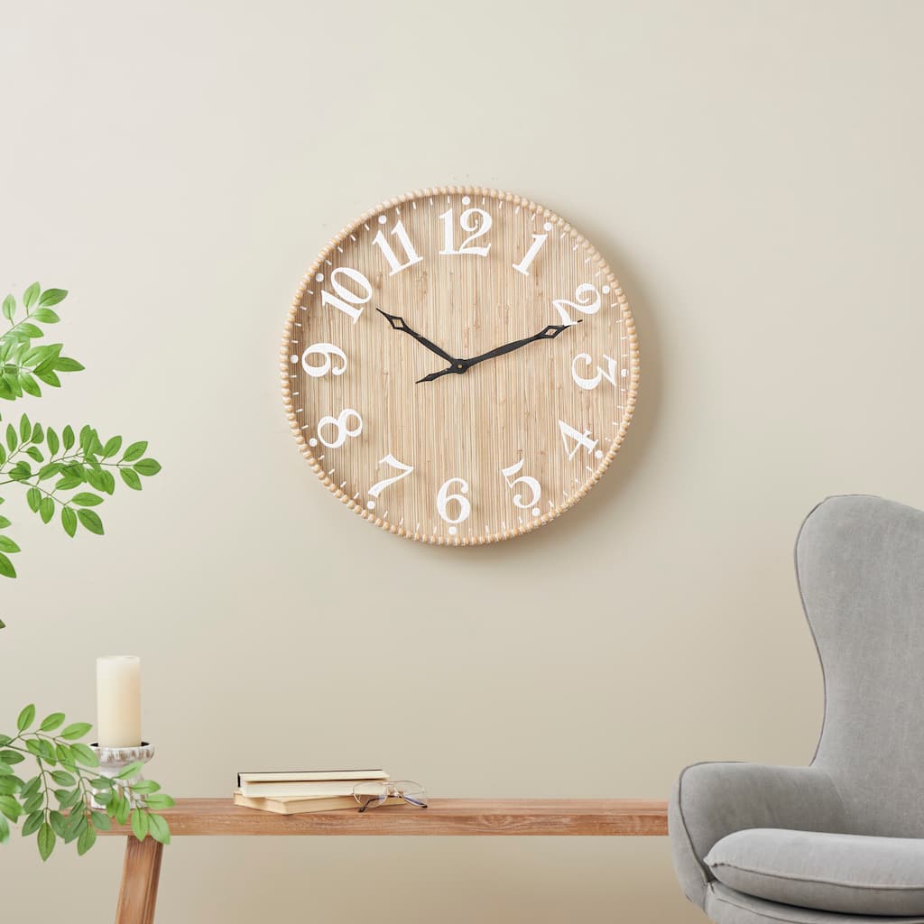 Light Brown Wood Wall Clock with Beaded Wood Frame and White or Black Accents