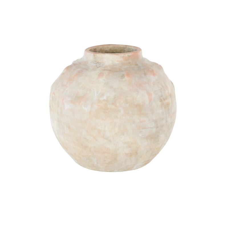 Beige Ceramic Antique Short Wide Decorative Vase with Shades of Pink