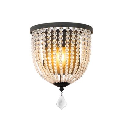 1-light Traditional Crystal Beaded/ Iron Flush Mounted Wall Sconce - 9"W x 5"D x 12"H
