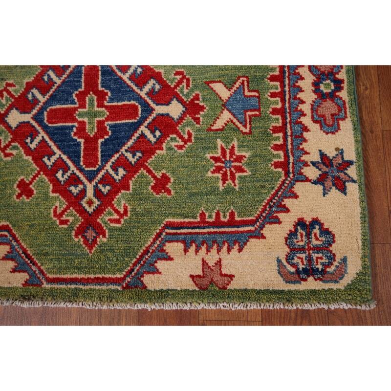 Green Oriental Geometric Kazak Foyer Rug Hand-Knotted Wool Carpet - 2'7" x 4'5"