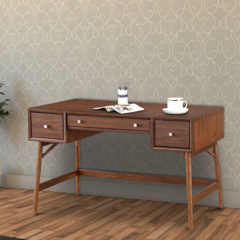 3 Drawer Wooden Writing Desk with Splayed Legs, Walnut Brown