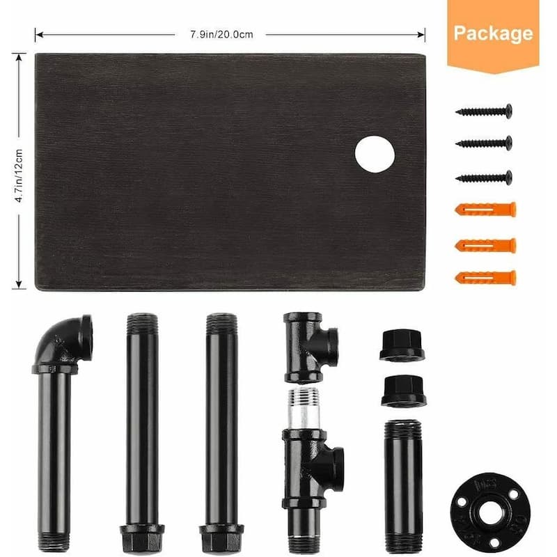 Double Wall-Mounted Wooden Shelf, Iron Metal Pipe Holder, Black