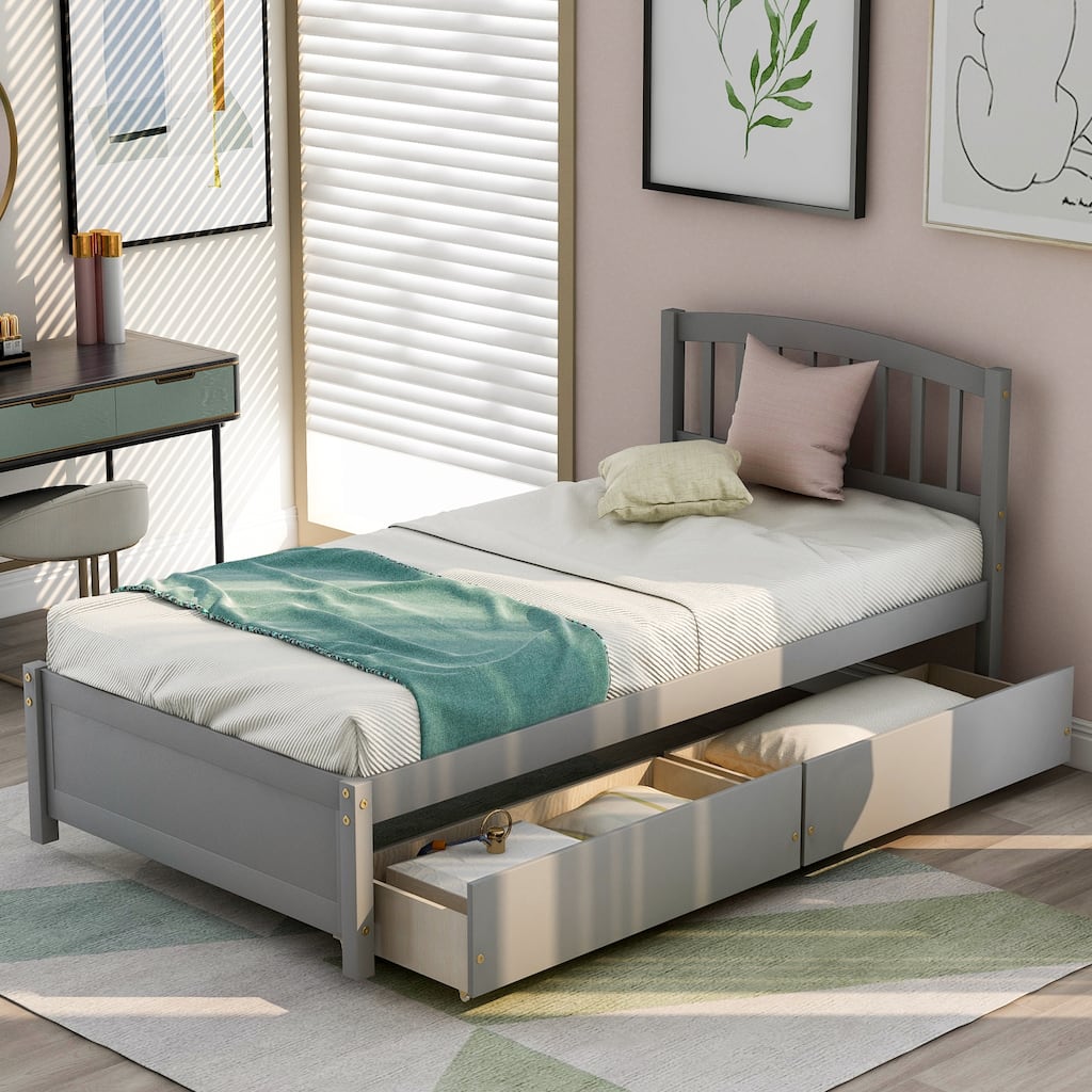 Twin Platform Storage bed Wood bed Frame with Two Drawers and Headboard, Gray