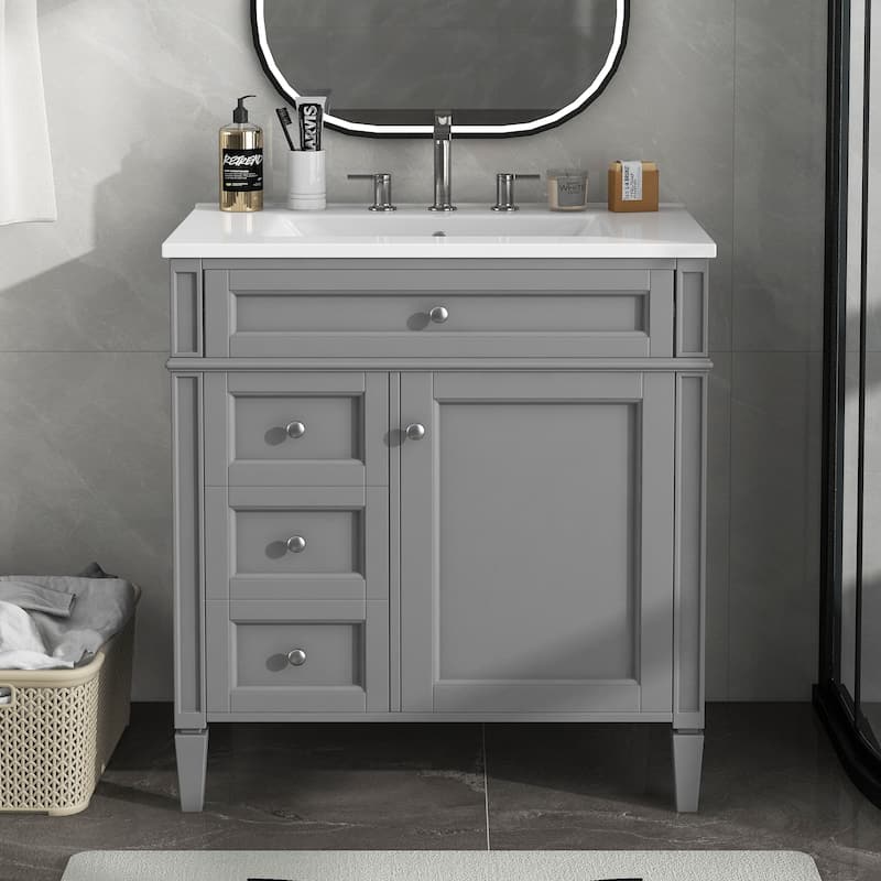 GDFStudio - Halmore Modern Freestanding Bathroom Vanity with Resin Sink, 2 Storage Drawers and a Tip-Out Drawer - 30'W