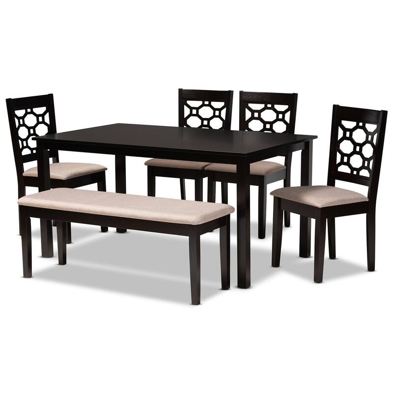 6-Piece Dining Set - Fabric Upholstered Chairs & Bench - Dark Brown Wood Table - Modern Dining Room Furniture