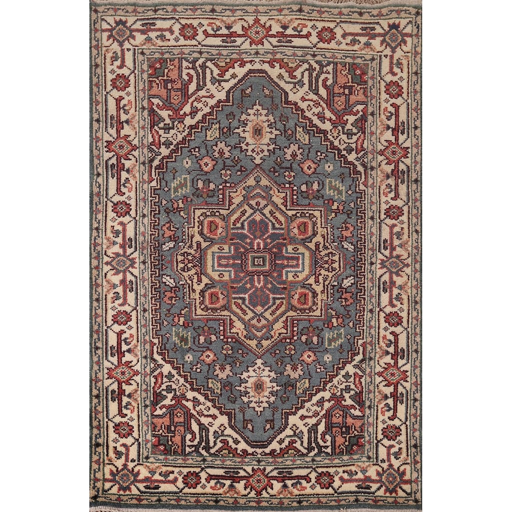 Blue Geometric Heriz Serapi Indian Area Rug Hand-Knotted Wool Carpet - 4'2"x 6'1"