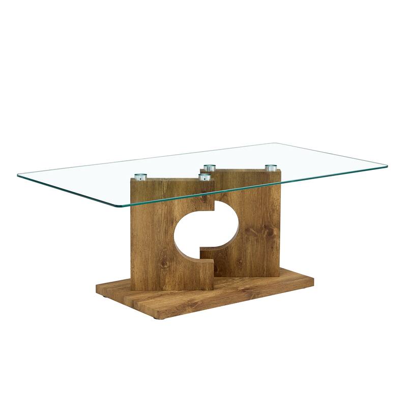 Rectangular Modern And Fashionable Coffee Table With Tempered Glass Tabletop And Wooden Color Mdf Leg
