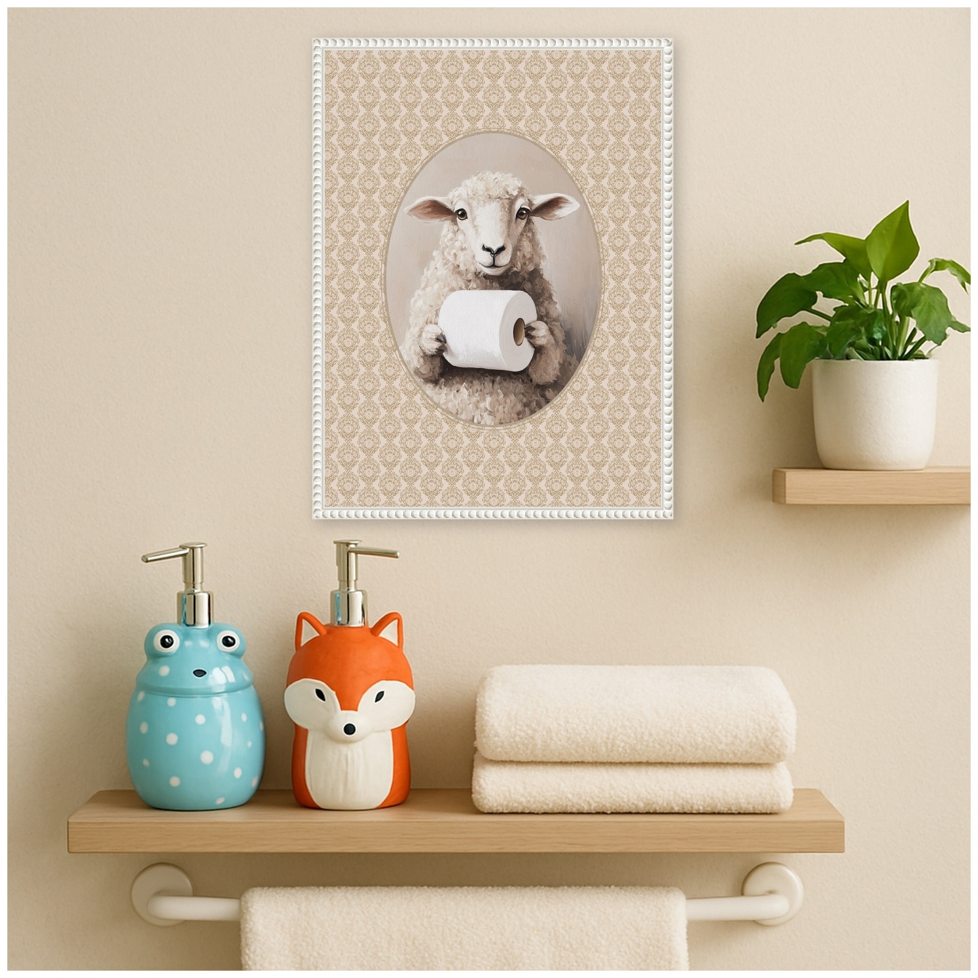 Kate and Laurel Cute Sheep & Toilet Paper Bathroom by The Creative Bunch Studio Framed Canvas Wall Art Print