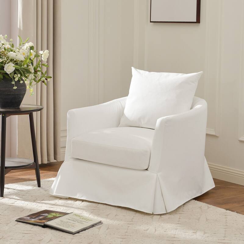 KINWELL 32" W Down Fill Upholstered Slipcovered Swivel Barrel Accent Armchair