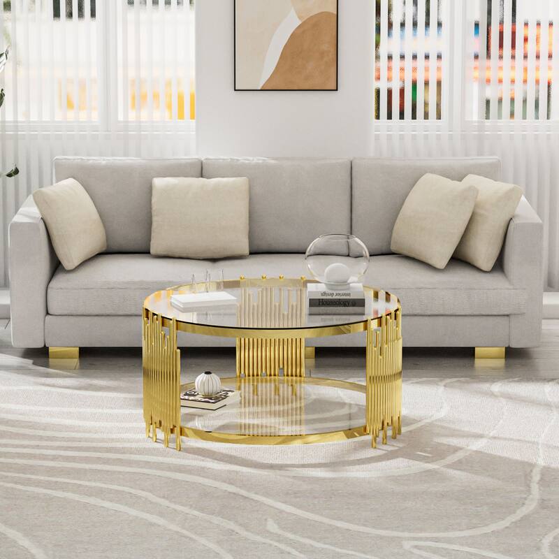 Modern Gold & Steel Round Coffee Table with 8mm Tempered Glass for Living Room - Clear - 35.43"