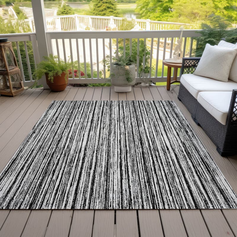 Machine Washable Indoor/ Outdoor Chantille Contemporary Stripes Rug - Black - 9' x 12'