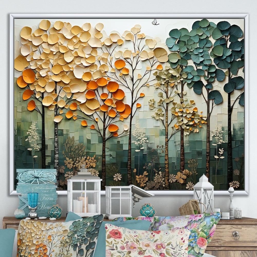 Designart "Orange Green Trees Canopy Patchwork I" Landscape Trees Framed Wall Art Living Room