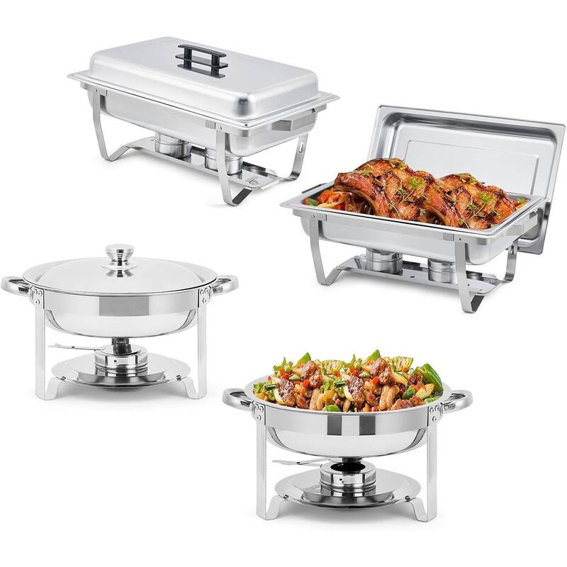 8QT Rectangle & 5 Qt Round Chafers and Buffet Warmers Sets - 2+2 Pcs