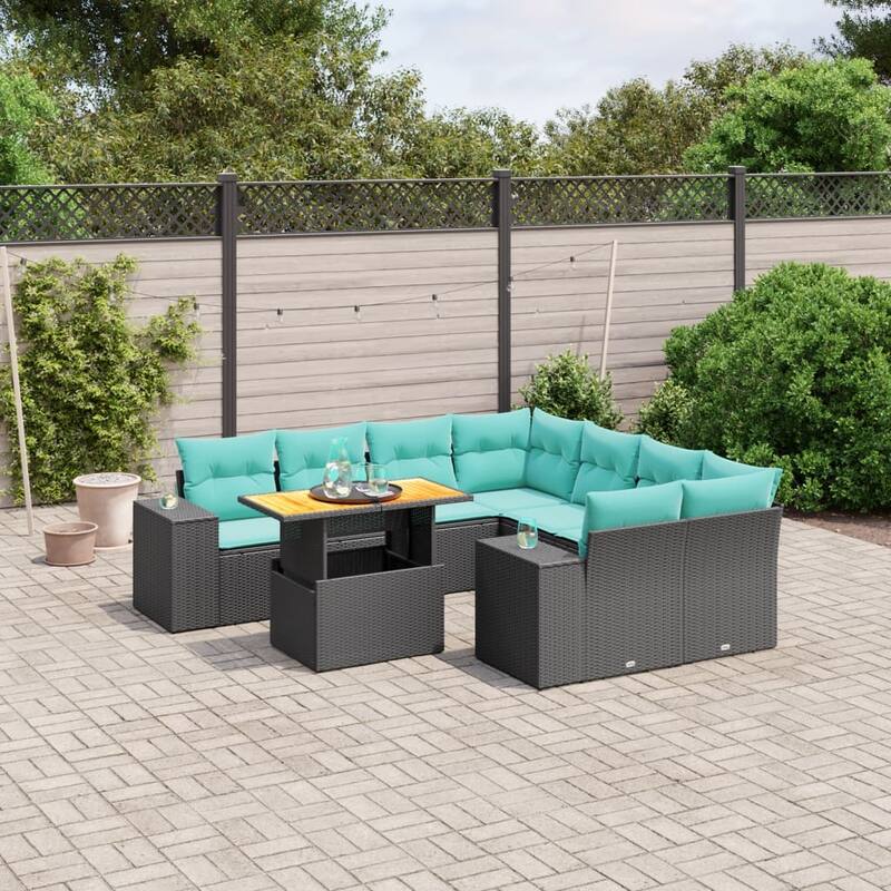 vidaXL Patio Sofa Set with Cushions Outdoor Furniture 9 Piece Poly Rattan - 24.4 x 24.4 x 27.2 - Black