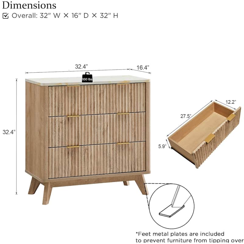 Modern fluted 3 Chest of Drawers, Dresser for Bedroom, Living Room