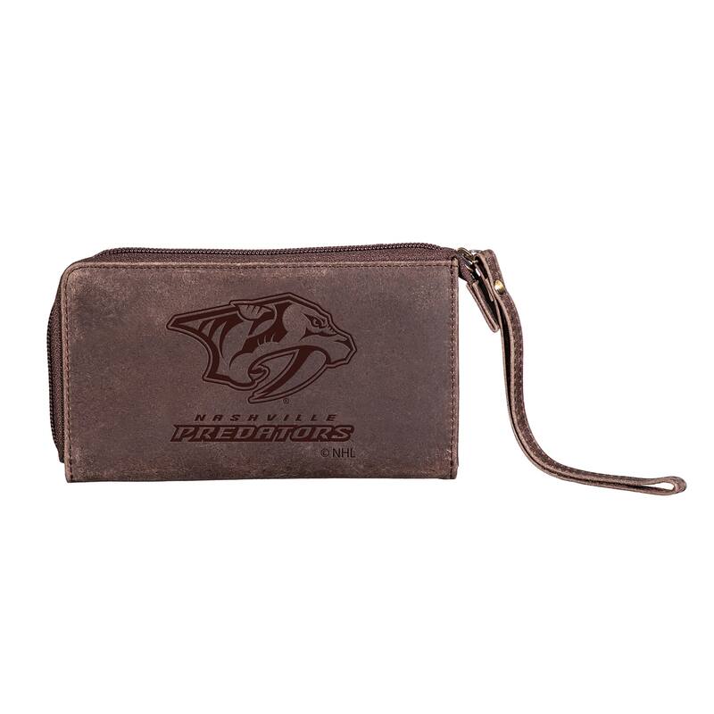 Brown Leather Cell Phone Wristlet Wallet, Nashville Predators - 4" x 7"
