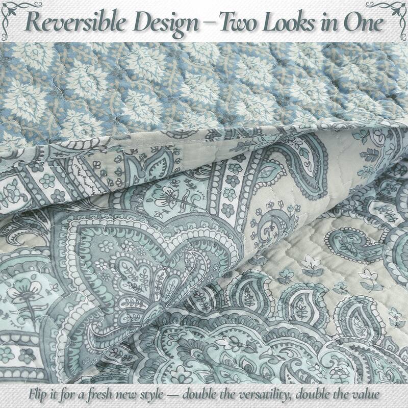 Cozy Line Ornate Paisley Medallion Grey Blue Cotton 3 Piece Queen Quilt Bedding Set